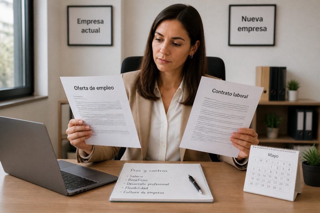 A professional woman at an office desk compares two job offer documents while reviewing a pros and cons notebook.