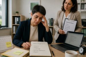 A tired office worker at a desk holds their temple while a colleague reviews a workplace wellbeing checklist nearby