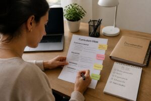 A woman in a home office edits a printed curriculum vitae while taking notes beside a laptop.