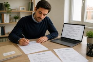 A Spanish professional writes and edits a cover letter at a desk with a resume and job posting nearby.
