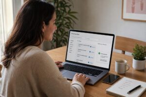 Mujer sentada en una mesa usando una computadora portátil para buscar ofertas de trabajo en línea.