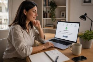 Mujer sentada en un escritorio revisando en su portátil la confirmación de una candidatura de empleo enviada desde casa.