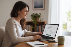 Mujer trabajando en una laptop en casa mientras envía una candidatura laboral en línea.