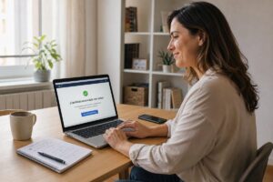 Mujer sonríe frente a una computadora portátil después de enviar una candidatura de empleo con éxito en una oficina en casa.