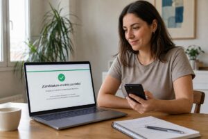 Mujer sentada en una mesa revisando su teléfono junto a una computadora portátil que muestra el mensaje de que su candidatura fue enviada con éxito.