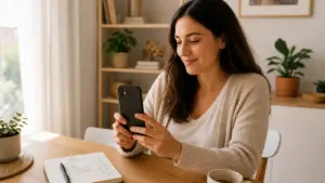 Mujer sonriente mirando en su teléfono un mensaje de solicitud recibida mientras está sentada en una mesa con una libreta de gastos y una taza de café.
