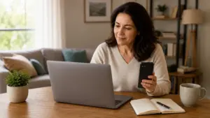 Mujer sentada en una mesa mostrando la confirmación de una solicitud enviada con éxito en una computadora portátil y un teléfono móvil.