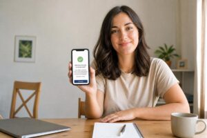 Mujer sentada en una mesa mostrando en su teléfono un mensaje de solicitud enviada correctamente.
