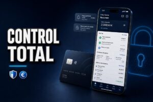 Ilustración de una app bancaria en un teléfono móvil junto a una tarjeta, con alertas de pagos, inicios de sesión y controles de gasto, bajo el texto «Control total».