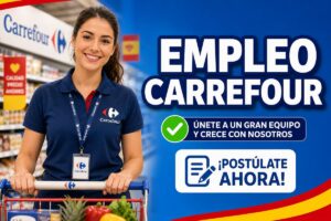 Una empleada de Carrefour sonríe junto a un carrito de la compra mientras aparece un anuncio de empleo con el texto «Empleo Carrefour», «Únete a un gran equipo y crece con nosotros» y «¡Postúlate ahora!».