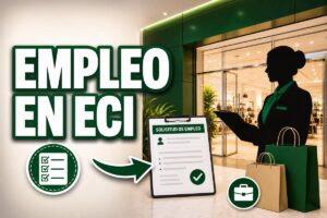 Imagen promocional sobre empleo en ECI con una silueta de una profesional sosteniendo una carpeta, un formulario de solicitud de empleo y elementos visuales de selección y contratación en un entorno comercial.