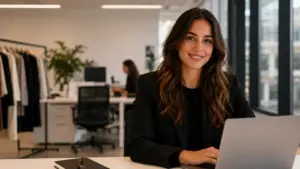 Mujer sonriendo mientras trabaja con un ordenador portátil en una oficina moderna, representando un entorno laboral profesional