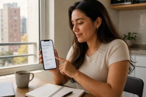 Mujer sentada en una mesa revisando vacantes de empleo en un teléfono móvil mientras señala la pantalla.