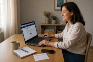 Mujer sentada en una mesa de trabajo usando una computadora portátil para revisar una oferta de empleo en línea, con una libreta, un teléfono y una tarjeta de candidatura sobre la mesa.