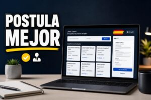 Llamado a postular mejor a empleos con una portátil mostrando una plataforma de búsqueda de trabajo y un currículum.