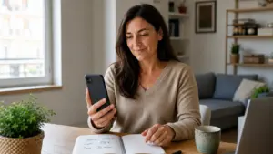 Mujer sentada en una mesa en casa revisa en su teléfono la confirmación de una solicitud financiera mientras tiene un cuaderno con notas sobre importe, cuota y plazo.