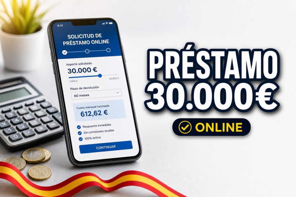 Teléfono móvil con una solicitud de préstamo online de 30.000 euros, junto a una calculadora, monedas y el texto promocional de préstamo online.