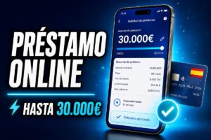 Imagen promocional de un préstamo online con un móvil mostrando una solicitud aprobada por 30.000 euros, una tarjeta bancaria y el texto «Préstamo online hasta 30.000€».
