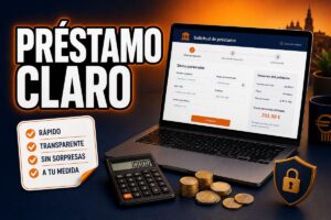 Anuncio de préstamo claro y rápido con un portátil mostrando una solicitud de préstamo, calculadora, monedas y un icono de seguridad.
