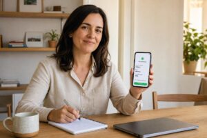 Mujer sentada en una mesa en casa, sosteniendo un teléfono con una simulación financiera en la pantalla mientras toma notas junto a una laptop.