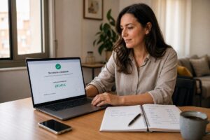 Mujer revisando en su portátil una simulación de préstamo completada mientras organiza sus finanzas en una mesa de casa.