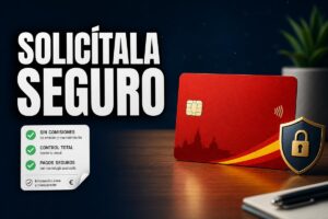 Tarjeta roja con escudo de seguridad junto al texto 'Solicítala seguro', en un anuncio de protección financiera en España.