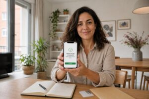Mujer en casa mostrando en su teléfono un mensaje de solicitud enviada correctamente.