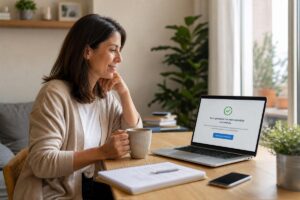 Mujer sentada en casa frente a una computadora portátil que muestra la confirmación de una solicitud enviada, sosteniendo una taza de café en una mesa con libreta y teléfono móvil.
