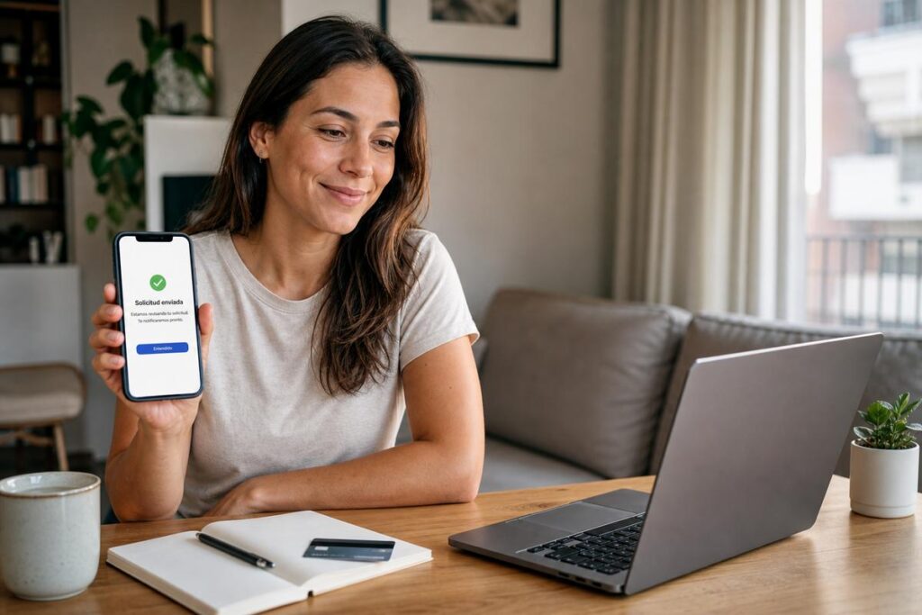 Mujer sonriente en casa mostrando en su teléfono un mensaje de solicitud enviada, con una computadora portátil sobre la mesa.