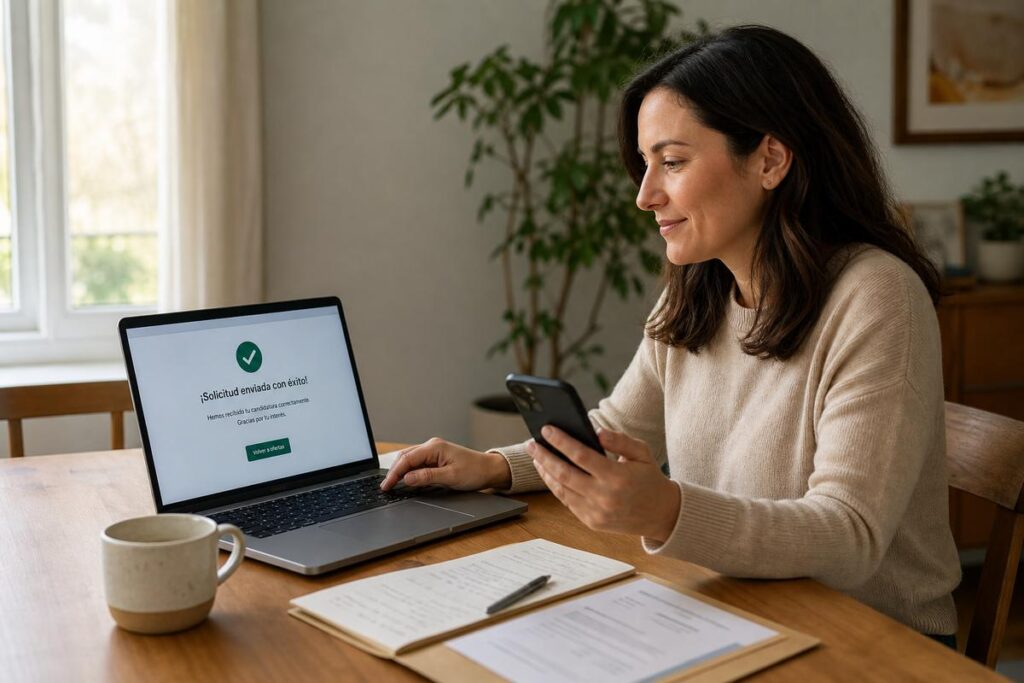 Mujer en casa revisando en una laptop y un teléfono la confirmación de una solicitud enviada con éxito.