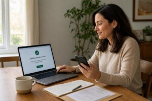 Mujer en casa revisando en una laptop y un teléfono la confirmación de una solicitud enviada con éxito.