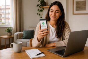 Mujer sonriendo en casa mientras muestra en su teléfono un mensaje de solicitud enviada con éxito, con un portátil y una libreta sobre la mesa.