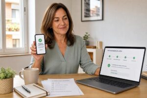 Mujer mostrando en el móvil la solicitud completada de una tarjeta de crédito, con un portátil y documentos de verificación sobre la mesa.