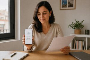Mujer en casa sosteniendo un teléfono con el mensaje de solicitud enviada con éxito mientras revisa un documento.
