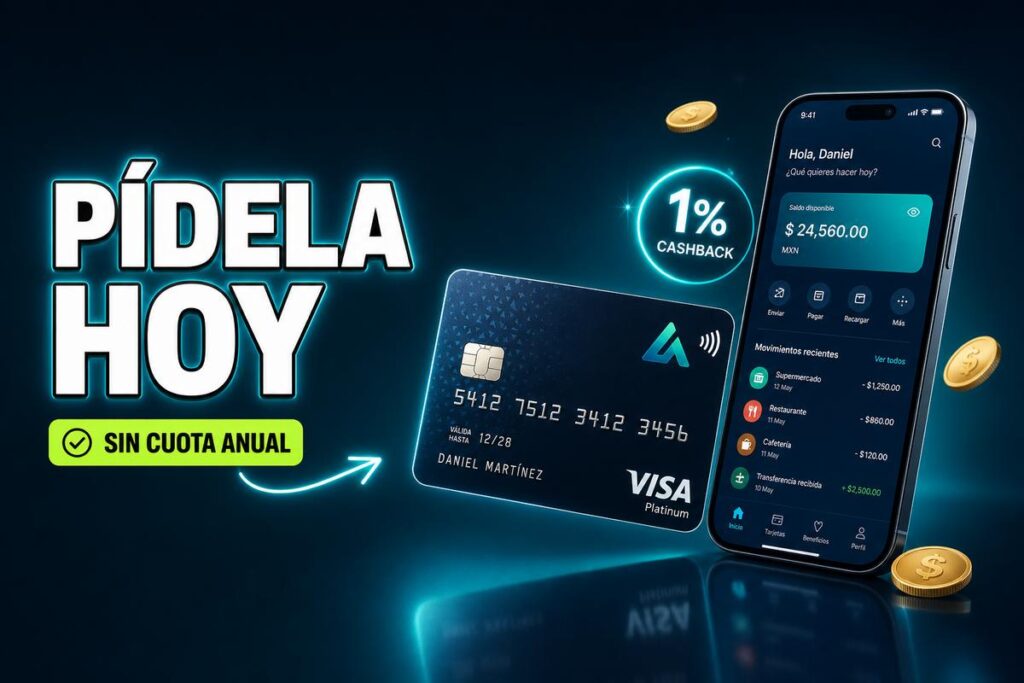 Anuncio de una tarjeta de crédito con 1% de cashback, sin cuota anual, junto a un teléfono móvil que muestra una app bancaria y una tarjeta Visa.