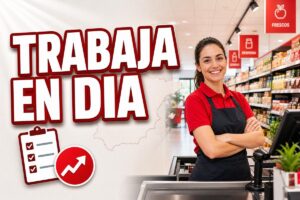 Mujer sonriente con uniforme rojo de supermercado junto a una caja registradora, con el texto "TRABAJA EN DIA" y elementos gráficos de contratación y crecimiento.