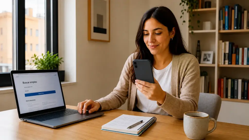 Una mujer sonríe mientras revisa en su móvil una solicitud de empleo enviada con éxito, junto a un portátil abierto con una búsqueda de trabajo en pantalla.