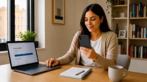 Una mujer sonríe mientras revisa en su móvil una solicitud de empleo enviada con éxito, junto a un portátil abierto con una búsqueda de trabajo en pantalla.
