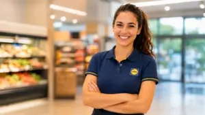 Empleada de supermercado con uniforme azul de Lidl, sonriendo con los brazos cruzados en una tienda moderna.