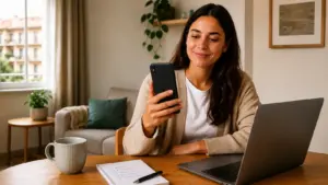 Mujer sonriendo en casa mientras muestra en su teléfono un mensaje de solicitud enviada con éxito, con un portátil y una libreta sobre la mesa.
