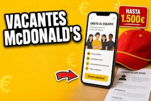 Anuncio de vacantes en McDonald’s con un móvil mostrando una oferta de empleo, un gorro rojo de la marca, un currículum vitae y un mensaje de hasta 1.500 euros.